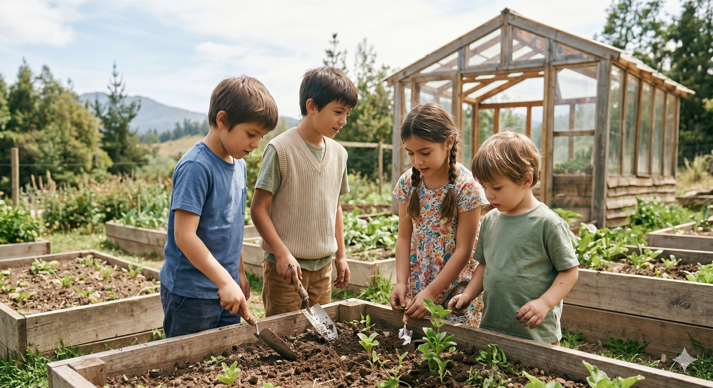 Niños trabajando en huerto escolar